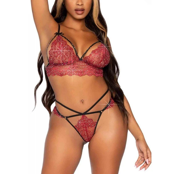 Ensemble 2 Pièces - Bralette Et String En Dentelle à Lanières - Rouge Leg Avenue Ready Or Not Ready Or Not – Image 2