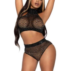 Ensemble 2 Pièces - Crop Top Col Cheminée Et Slip Taille Haute Maxi Résille - Noir Leg Avenue Lights Out Lights Out